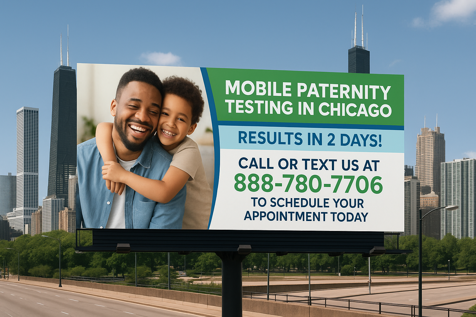 CREATE A BILLBOARD WITH A YOUNG DAD AND SON FOR A DNA TESTING COMPANY,IN A CHICAGO BACKGROUND. IT SHOULD SAY "MOBILE PATERNITY TESTING IN CHICAGO- RESULTS IN 2 DAYS! CALL OR TEXT US AT 888-780-7706 TO SCHEDULE YOUR APPOINTMENT TODAY" INCORPORATE THE COLORS #73C160 AND #168FCE